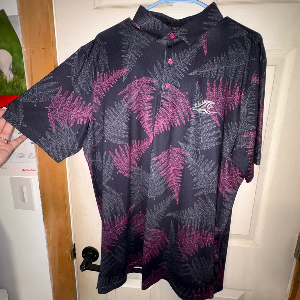 Men's Black Polo with Pink & Gray Fern Print